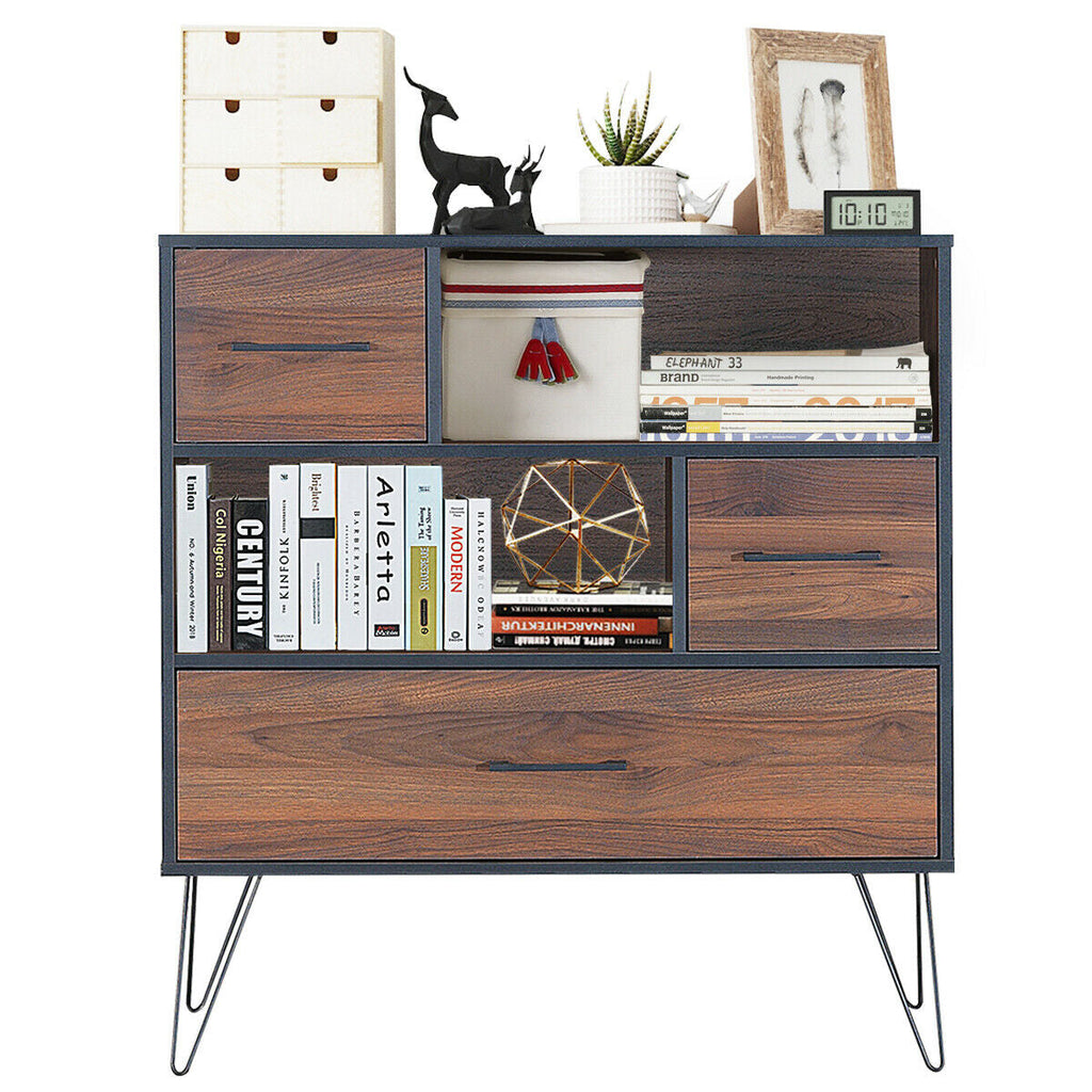 3-Tier Wood Storage Cabinet with Drawers and Metal Legs