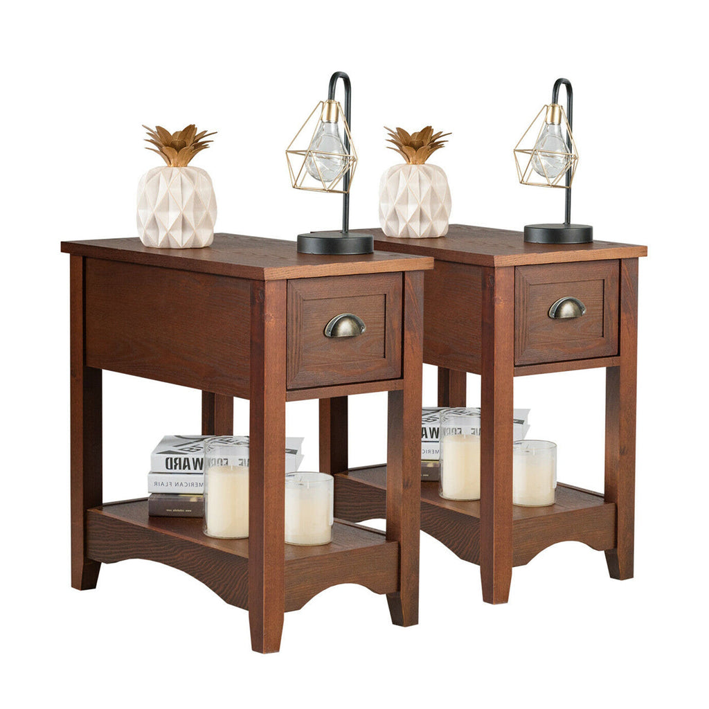 Set of 2 Walnut Side Tables with Drawer