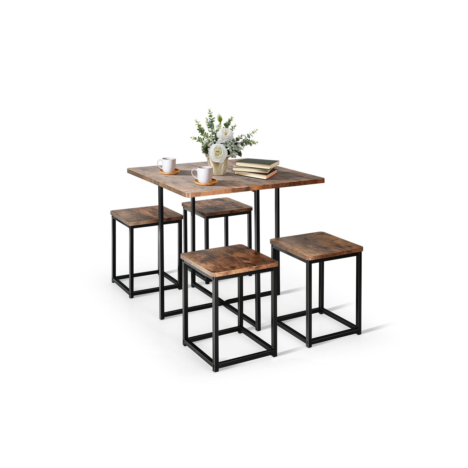 5-Piece Walnut Dining Set with Metal Frame & 4 Stools