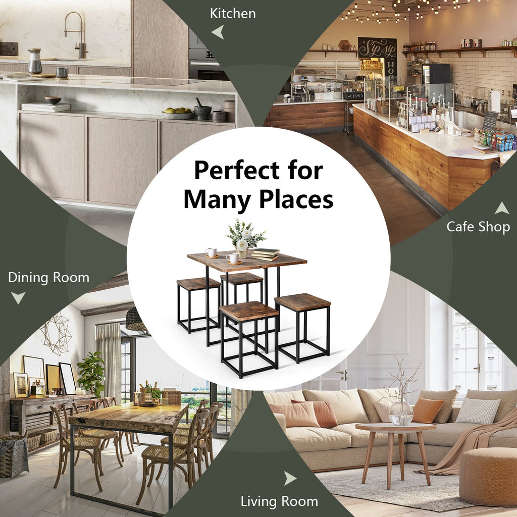 5-Piece Walnut Dining Set with Metal Frame & 4 Stools