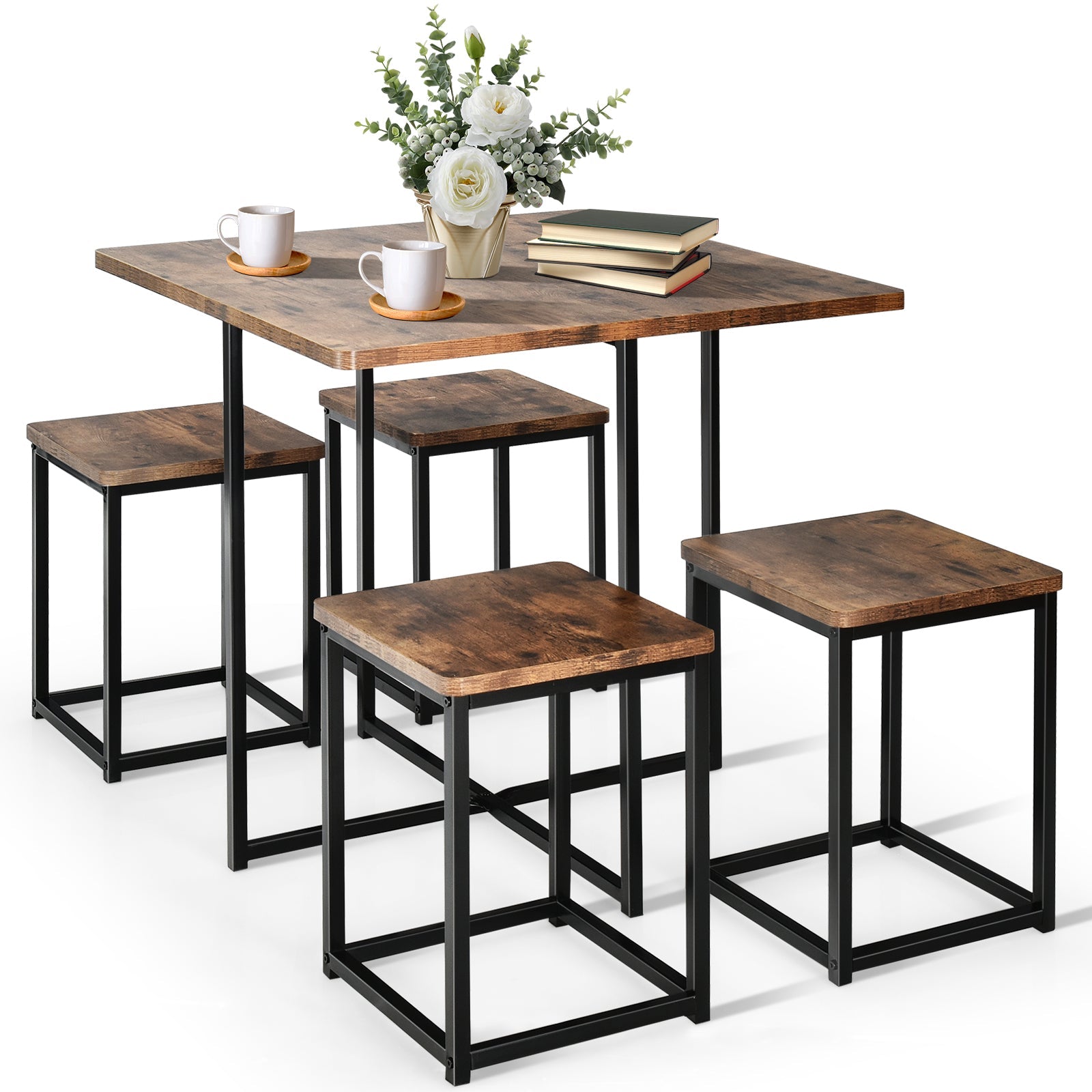 5-Piece Walnut Dining Set with Metal Frame & 4 Stools