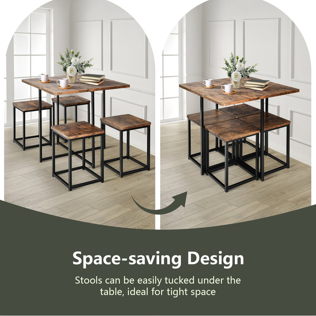 5-Piece Walnut Dining Set with Metal Frame & 4 Stools