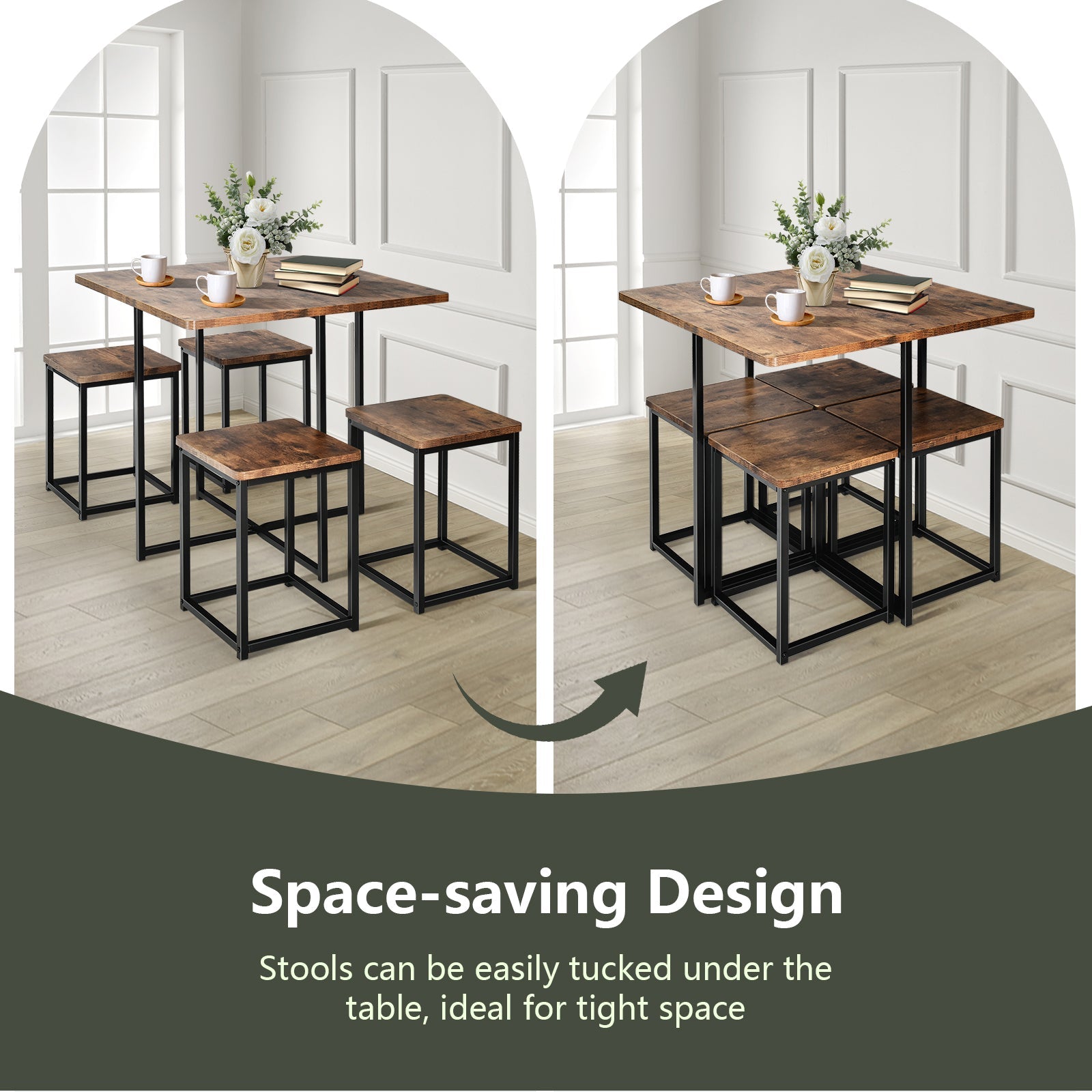 5-Piece Walnut Dining Set with Metal Frame & 4 Stools
