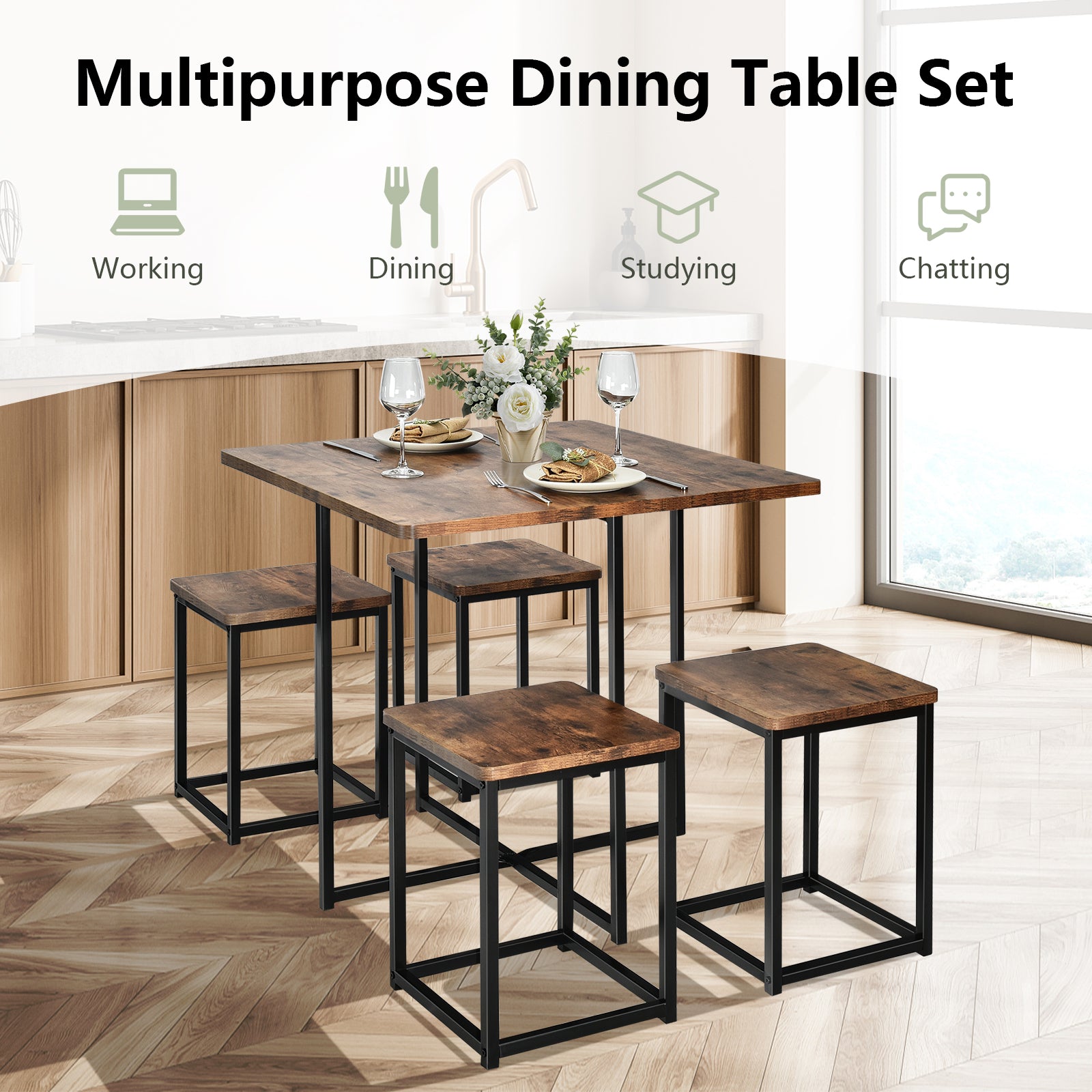 5-Piece Walnut Dining Set with Metal Frame & 4 Stools