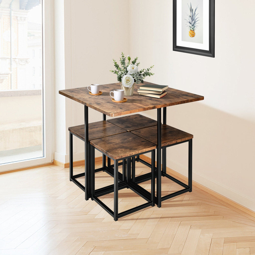 5-Piece Walnut Dining Set with Metal Frame & 4 Stools