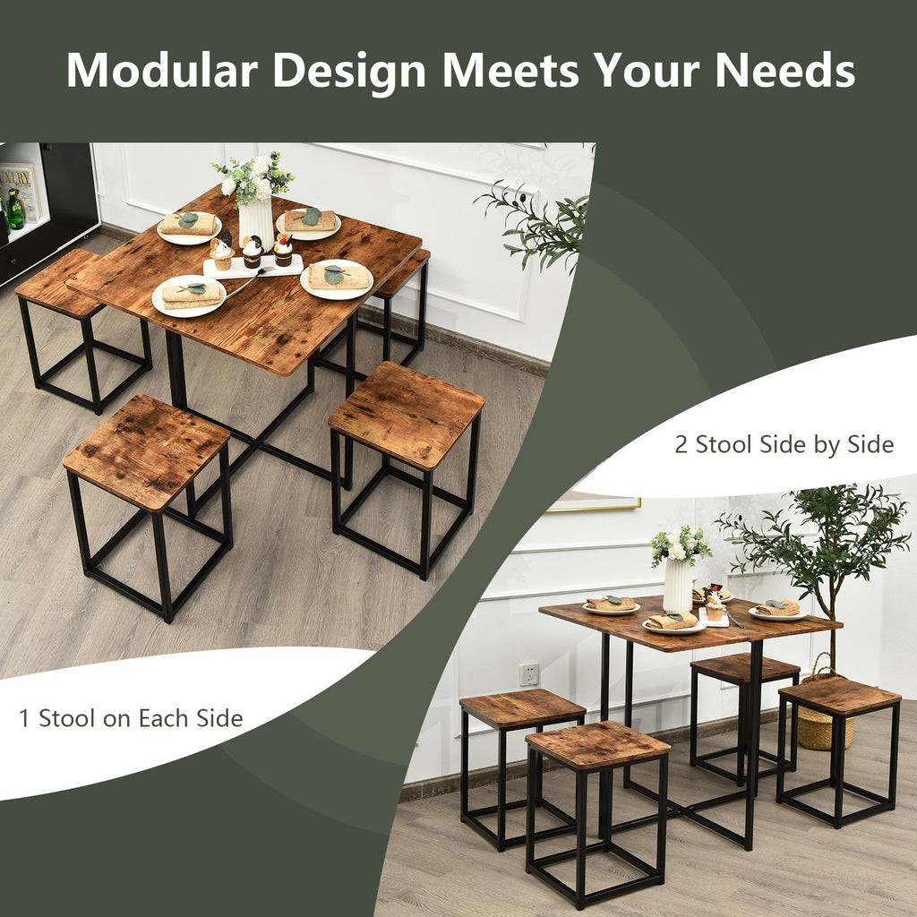 5-Piece Walnut Dining Set with Metal Frame & 4 Stools