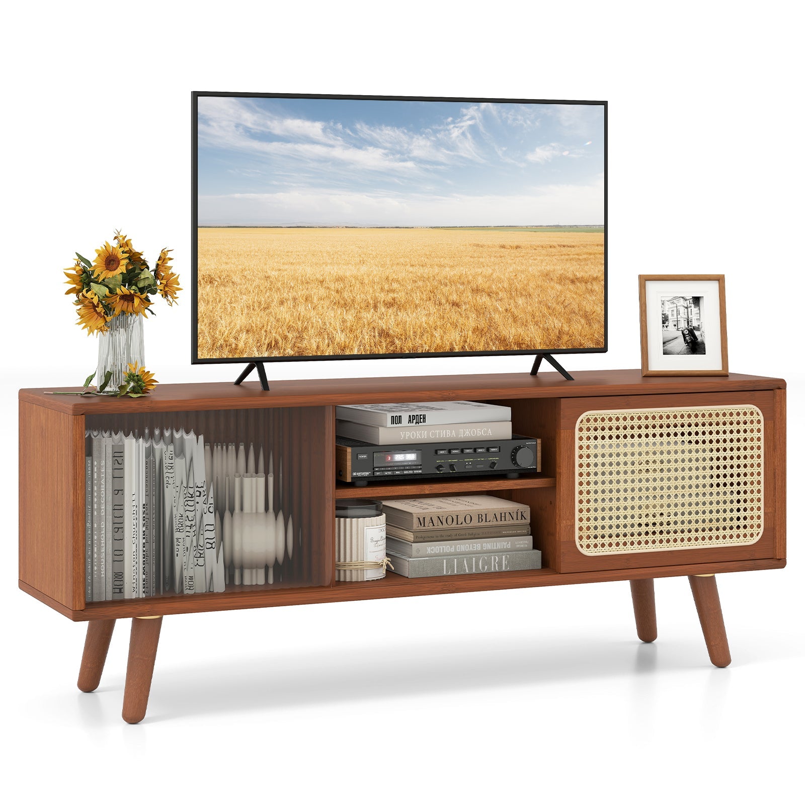 Modern TV Stand with Rattan & Glass Sliding Doors - Brown