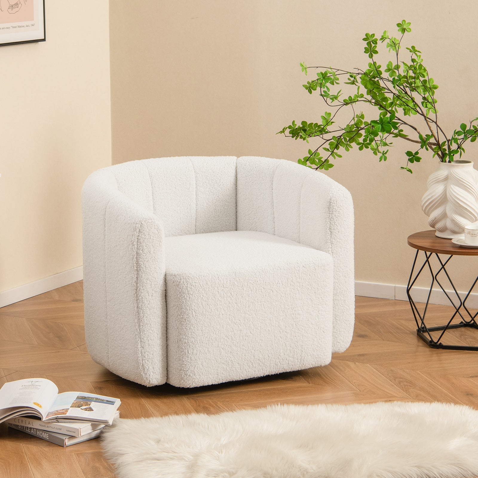 Upholstered Sherpa Accent Chair - White with Curved Backrest