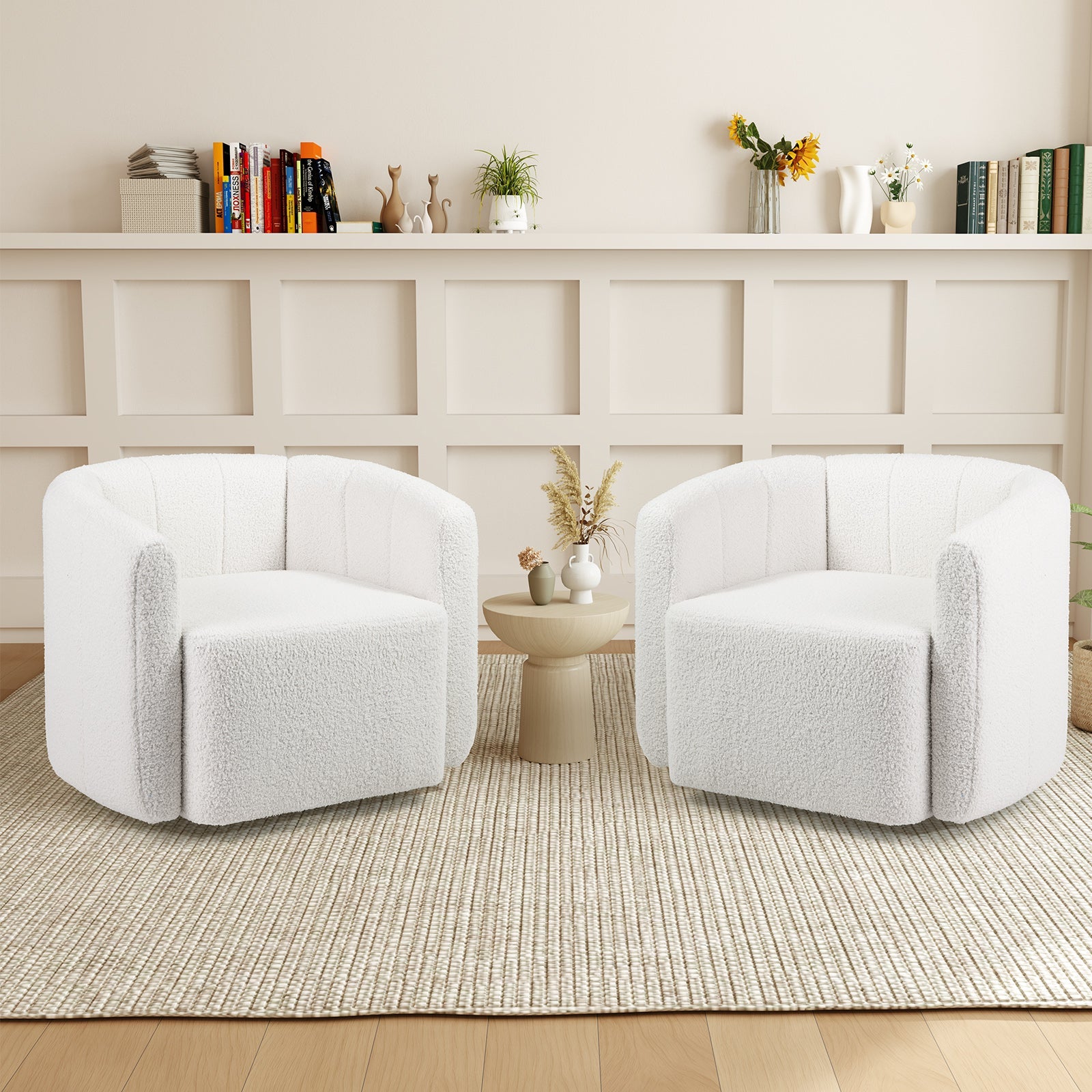 Upholstered Sherpa Accent Chair - White with Curved Backrest
