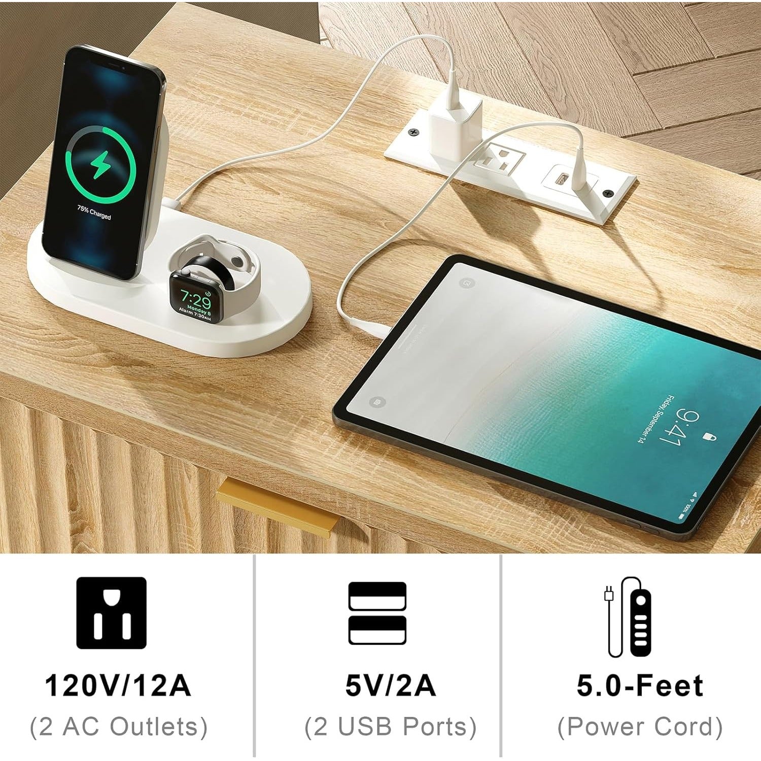 Fluted Nightstands with LED Lighting & Charging Station - Oak