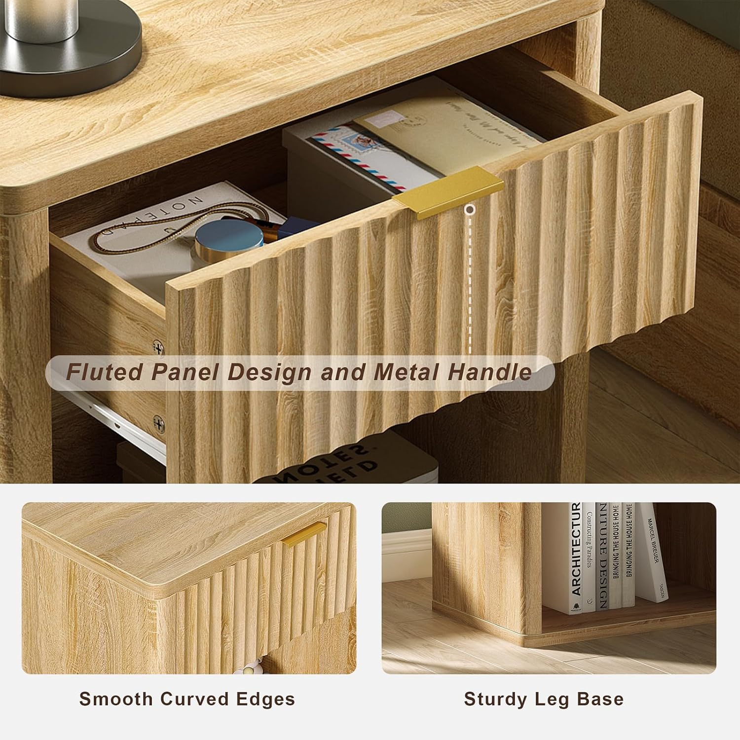 Fluted Nightstands with LED Lighting & Charging Station - Oak