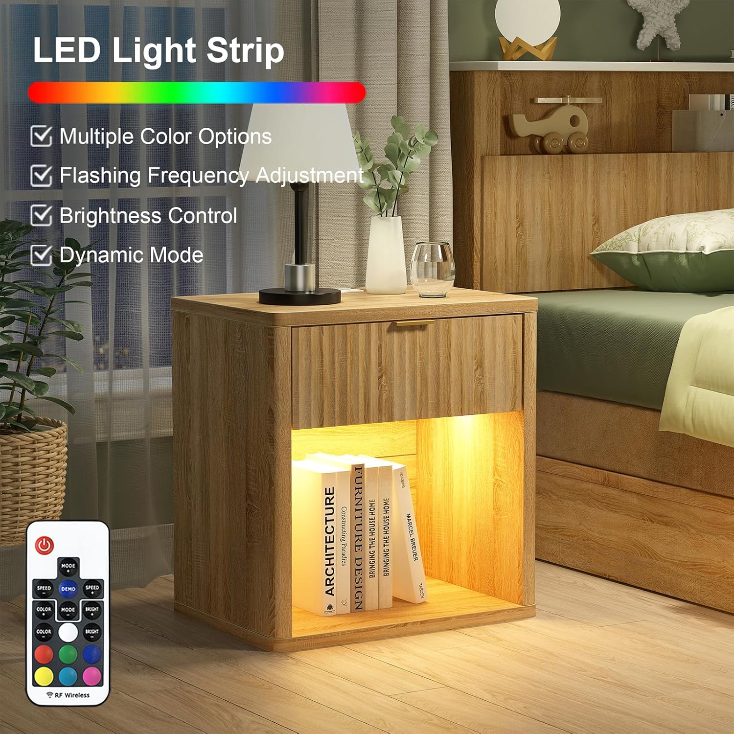 Fluted Nightstands with LED Lighting & Charging Station - Oak