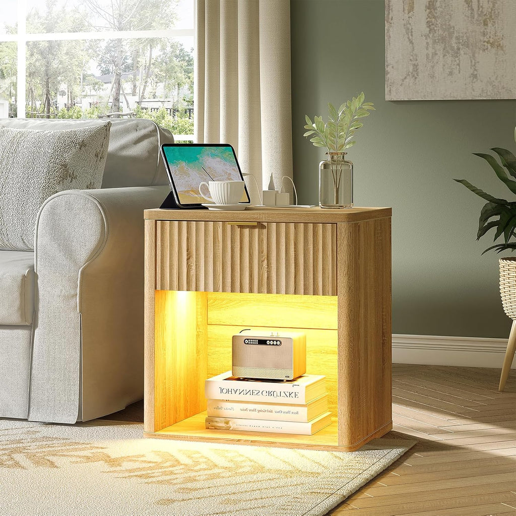 Fluted Nightstands with LED Lighting & Charging Station - Oak