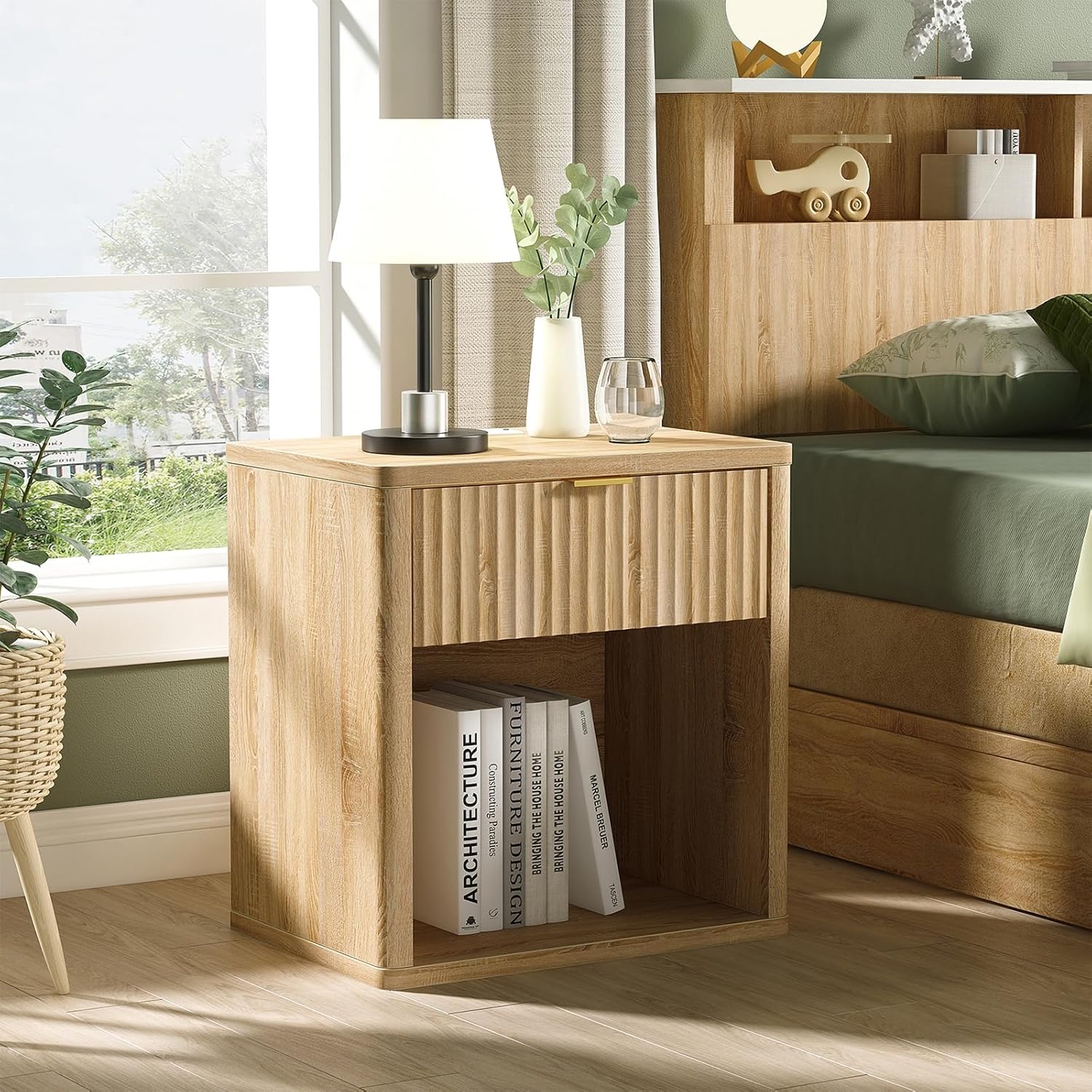Fluted Nightstands with LED Lighting & Charging Station - Oak