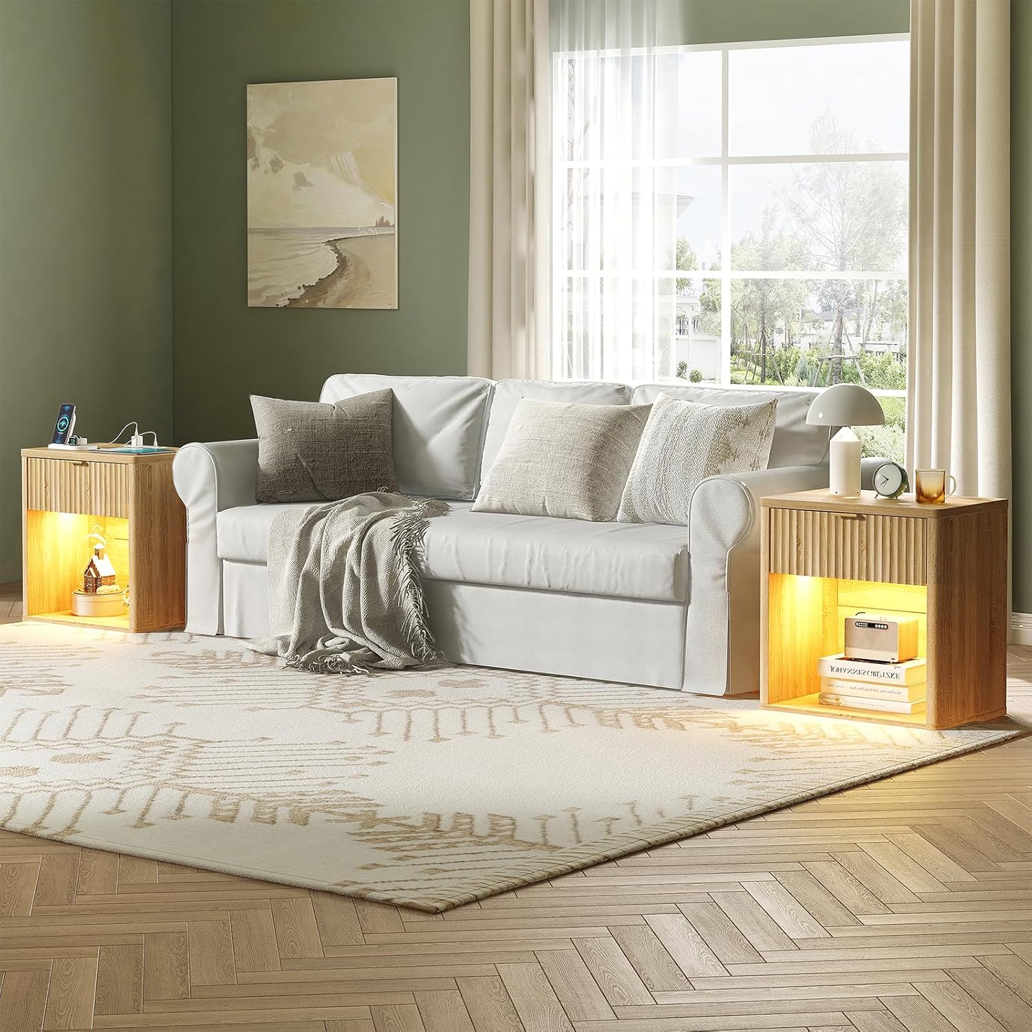 Fluted Nightstands with LED Lighting & Charging Station - Oak