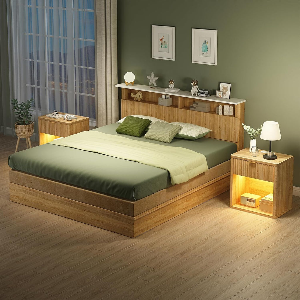 Fluted Nightstands with LED Lighting & Charging Station - Oak
