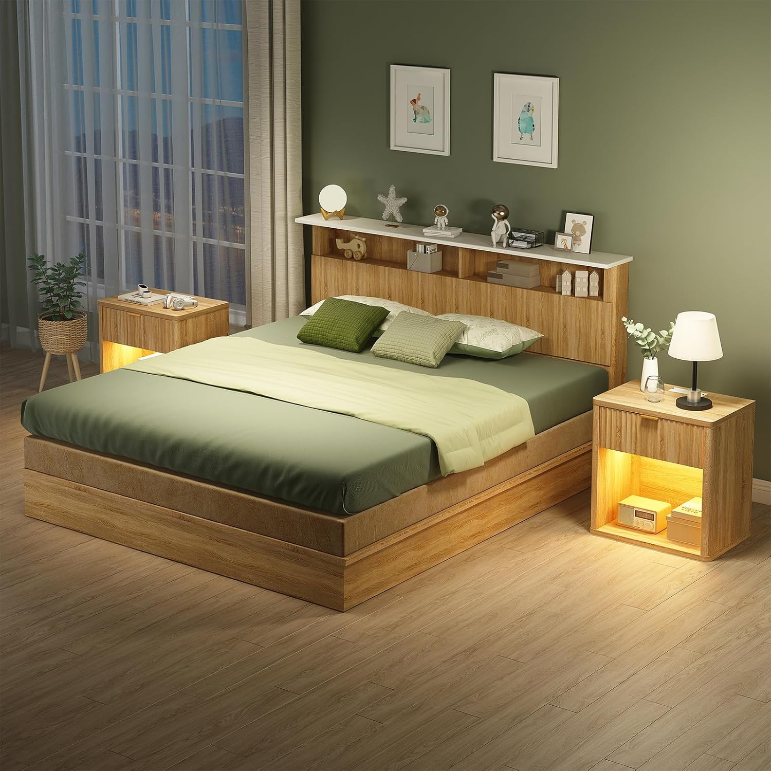 Fluted Nightstands with LED Lighting & Charging Station - Oak