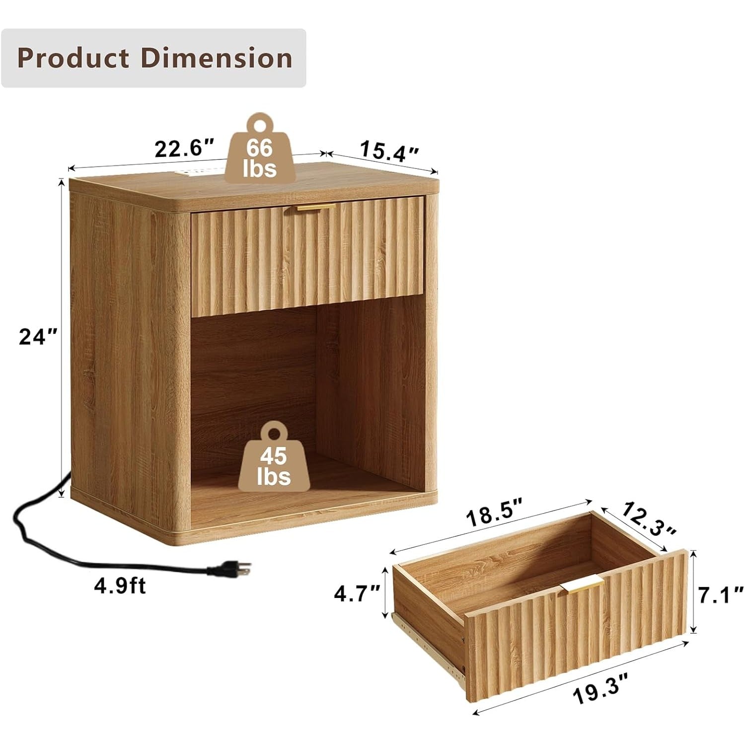 Fluted Nightstands with LED Lighting & Charging Station - Oak