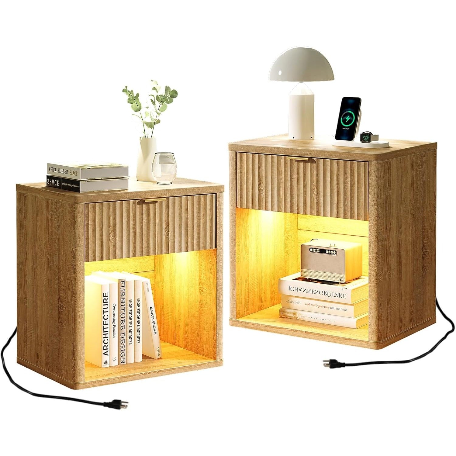 Fluted Nightstands with LED Lighting & Charging Station - Oak