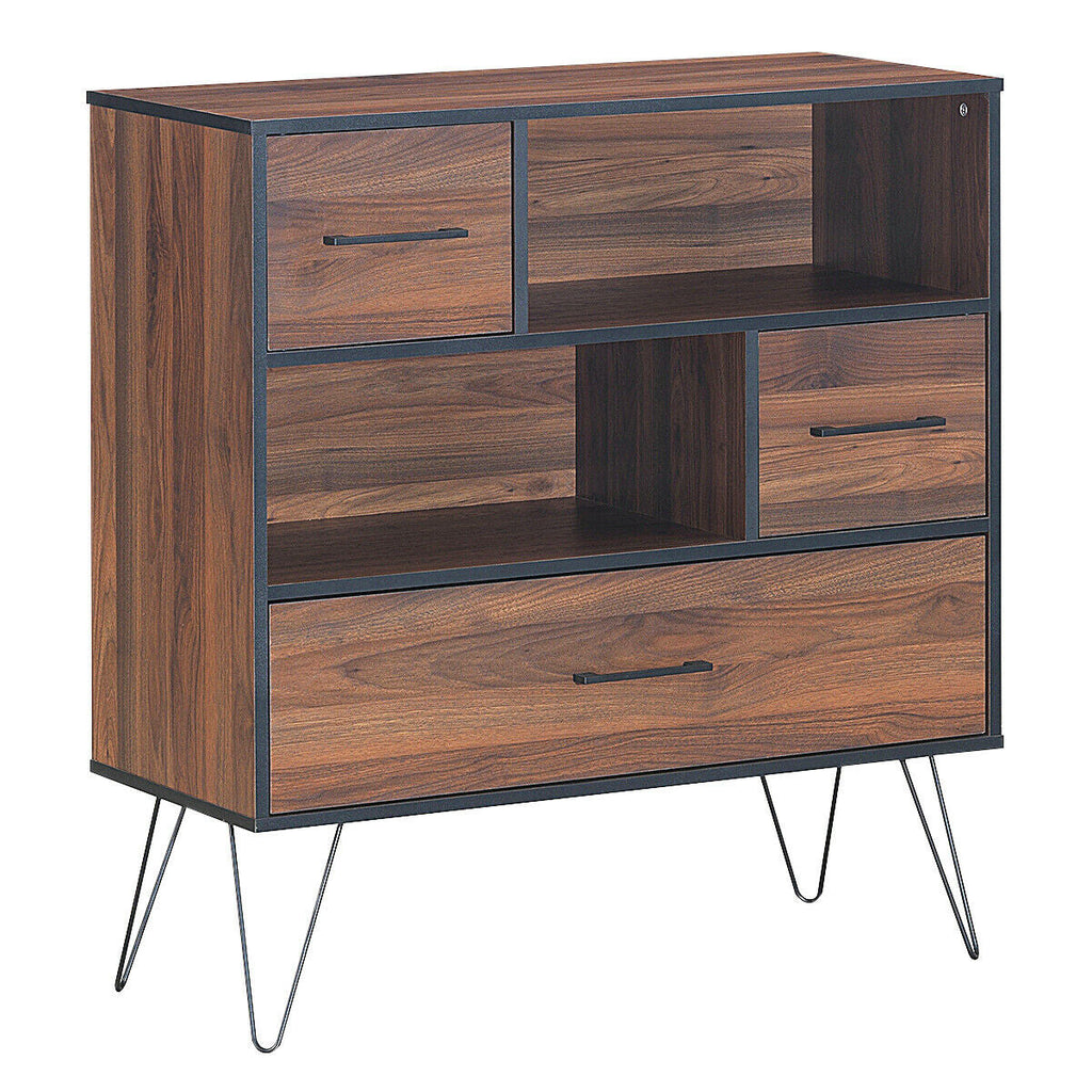 3-Tier Wood Storage Cabinet with Drawers and Metal Legs