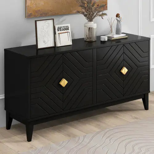 4-Door Sideboard Cabinet with Gold Hardware - Black
