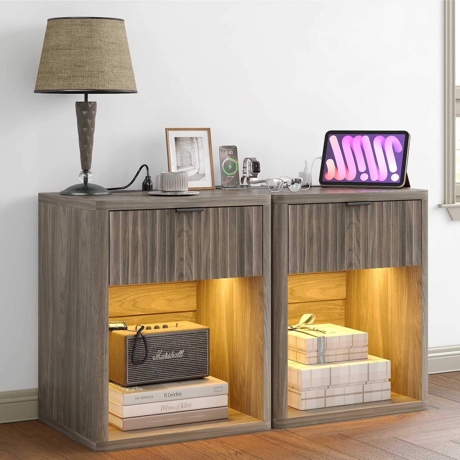 Fluted Nightstands with LED Lighting & Charging Station - Oak