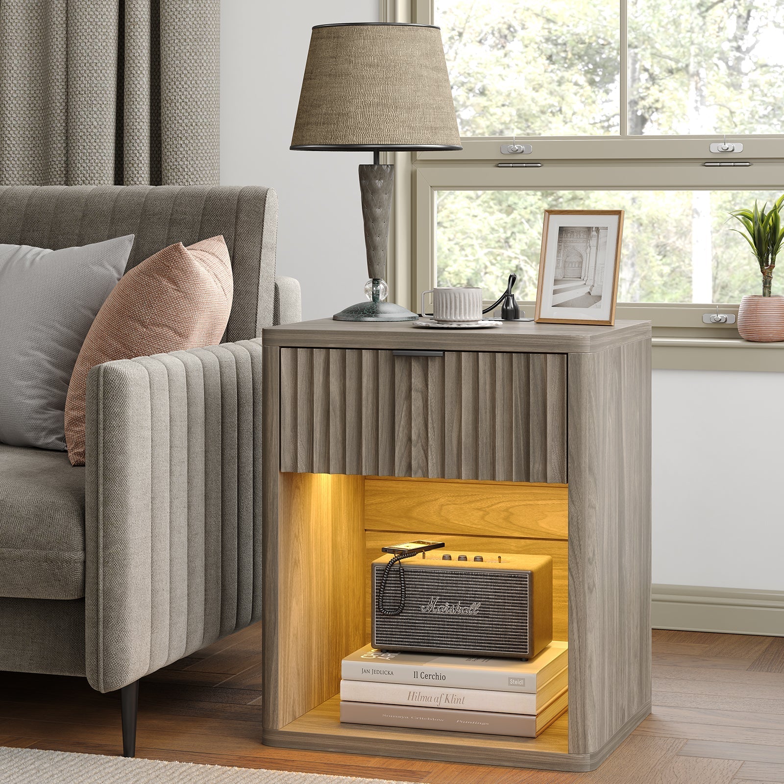 Fluted Nightstands with LED Lighting & Charging Station - Oak