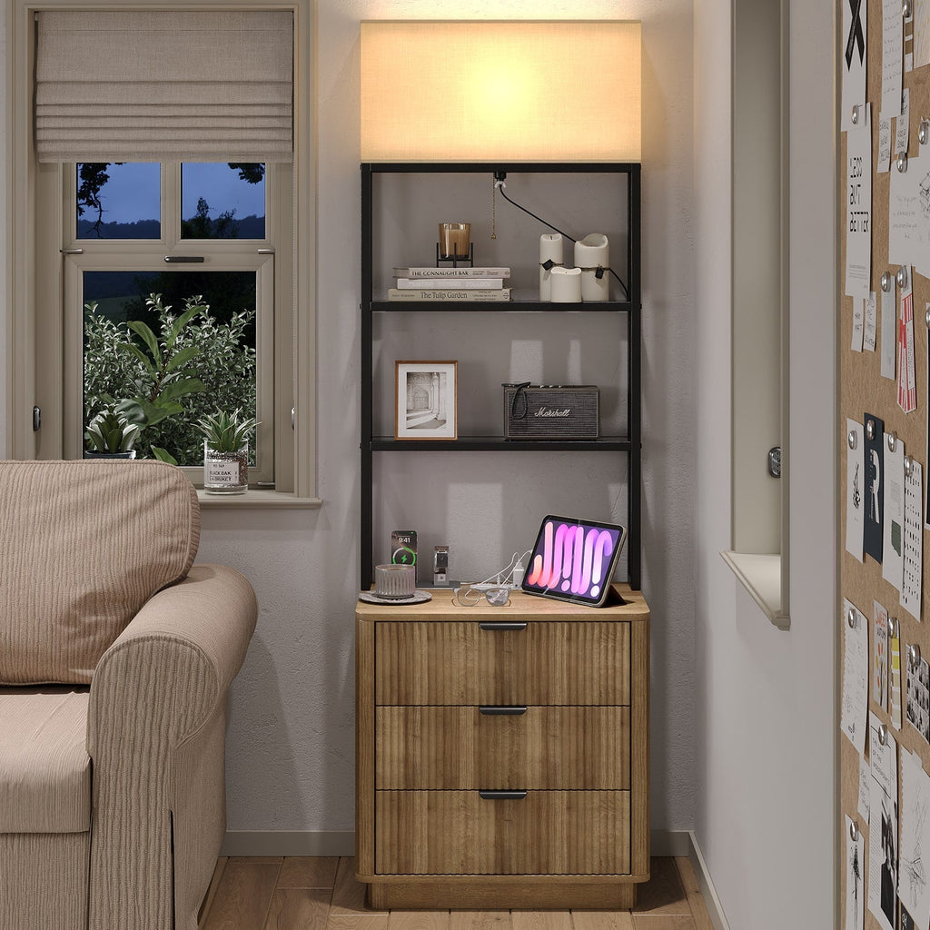 Vektaya US-NS002 Nightstand Set of 2 with Charging Station, 3 Drawers