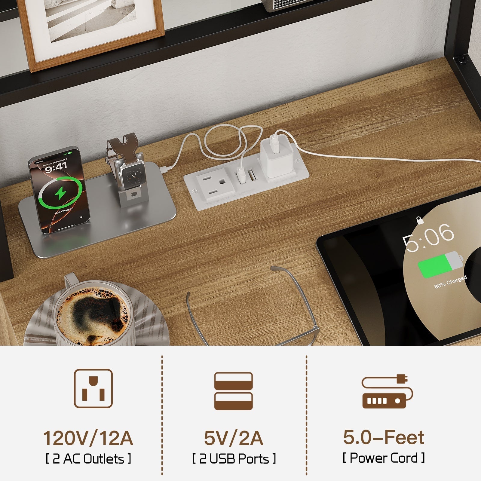 Vektaya US-NS002 Nightstand Set of 2 with Charging Station, 3 Drawers