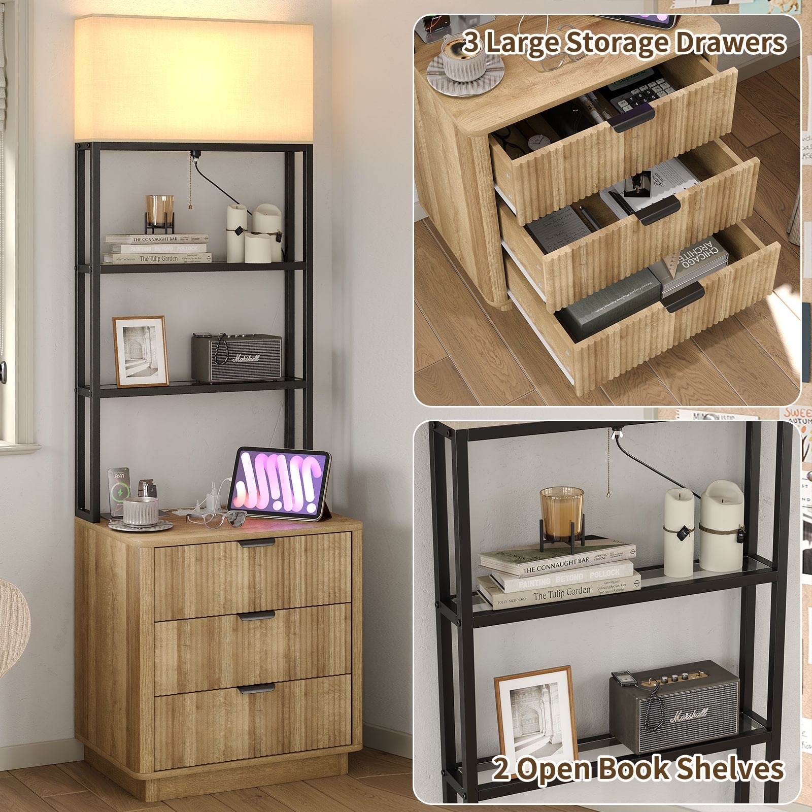 Vektaya US-NS002 Nightstand Set of 2 with Charging Station, 3 Drawers